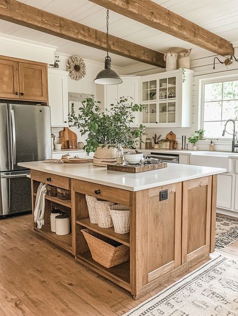 u1942658271_A_cozy_farmhouse_kitchen_featuring_a_combination__610cb2c8-f69d-4336-b823-419bc442f8a8_2 Joanna Gains Kitchen, Joanna Gaines Farmhouse Kitchen, Country Kitchen Shelves, Farmhouse Kitchen Makeover, Boho Farmhouse Kitchen, Farmhouse Kitchen Countertops, Practical Home Decor, Natural Wood Kitchen, Farmhouse Kitchen Ideas