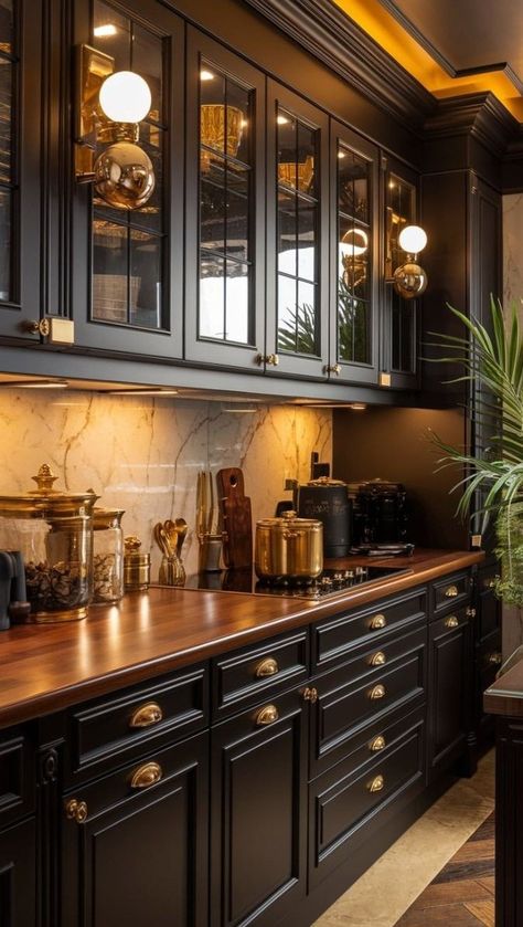 Black Kitchen Gold Accents, Gothic Country Kitchen, Dark Cabinet Dark Countertop, Black Cabinets Quartz Countertops, Dark Masculine Kitchen, Brown And Gold Kitchen Cabinets, Black Themed Kitchen Ideas, Moody Interior Design Kitchen, Home Building Ideas Kitchen