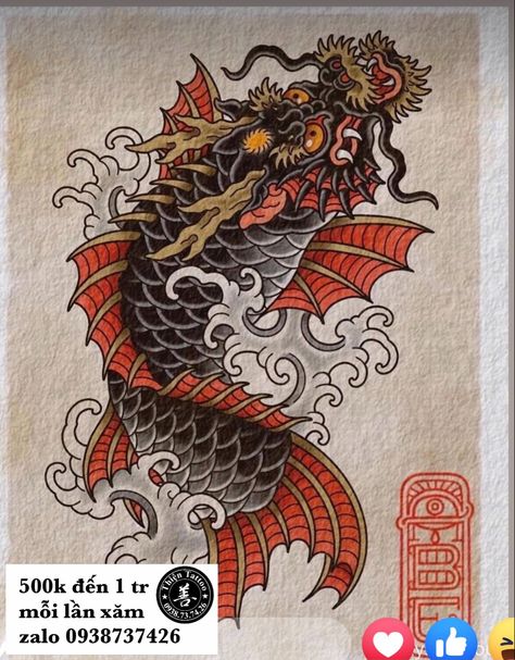 Dragon Koi Tattoo Design, Dragon Koi Fish, Traditional Japanese Dragon, Koi Dragon Tattoo, Traditional Viking Tattoos, Koi Dragon, Koi Tattoo Design, American Traditional Tattoo Ideas, Koi Fish Drawing