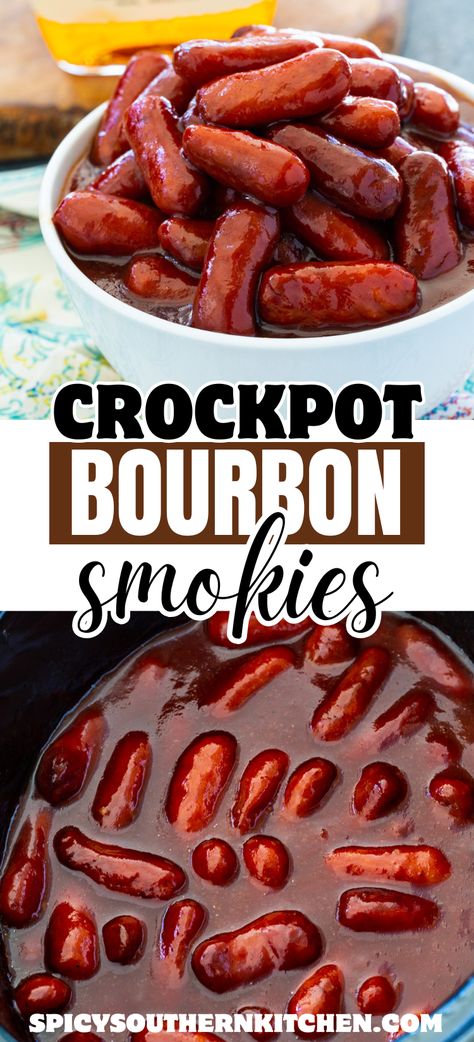 Crock Pot Bourbon Smokies- the salty smokiness of cocktail wieners combines wonderfully with a sweet and tangy sauce flavored with bourbon. An easy holiday appetizer or gameday snack. Cocktail Hot Dogs Crock Pot, Lit'l Smokies Recipes Crock Pot, Recipes With Whiskey Food, Brown Sugar Little Smokies Crockpot, Lil Smokies Dipping Sauce, Beer Weenies Crockpot, Bourbon Little Smokies, Sweet And Sour Smokies, Bourbon Hot Dogs