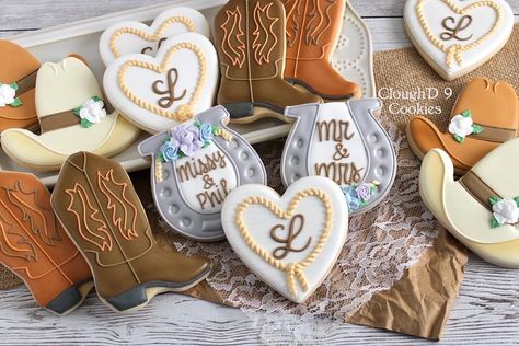 Western 50th Wedding Anniversary, Western Wedding Cookies, Western Cookies, Fancy Sugar Cookies, 1st Rodeo, Buffet Dessert, Anniversary Cookies, Heart Sugar Cookie, Cowboy Theme Party