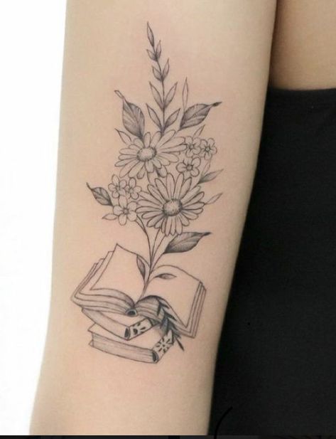 Open Book Tattoo Ideas For Women, Sunflower Book Tattoo, Floral Book Tattoo, Book And Flower Tattoo, Christian Sleeve Tattoos For Women, Booklover Tattoo, Bookworm Tattoo, Teacher Tattoos, Minimal Tattoo Designs