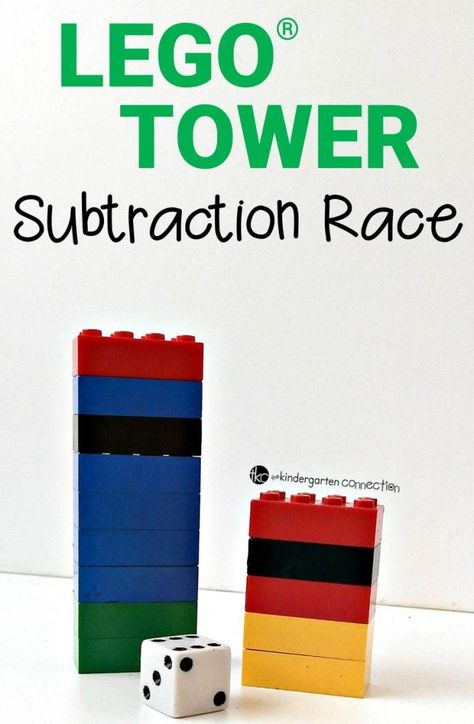 Subtraction Lego Game - The Kindergarten ConnectionThis game is best played with a partner, although you could play it with a small group of students too, as the object of the game is to see who can lose all of their bricks first! Counting On Math Games, Fun Subtraction Games, Hands On Subtraction Activities, Subtraction Within 20 Activities, Subtraction Games Kindergarten, Learning Subtraction, Lego Addition And Subtraction, Kindergarten Subtraction Activities, Learning Manipulatives