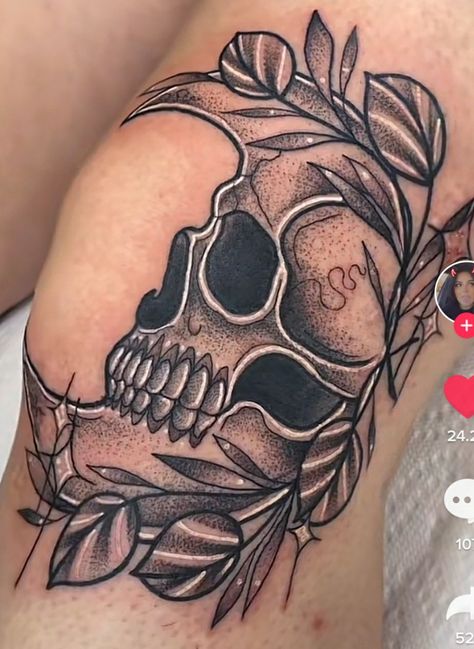 Knee And Shin Tattoos For Women, Skull Knee Cap Tattoo, Leg Skeleton Tattoo, Knew Cap Tattoo, Knee Tattoo Cover Up Ideas, Skeleton Clown Tattoo, Unique Skull Tattoos For Women, Lower Back And Hip Tattoos, Ghost Sleeve Tattoo