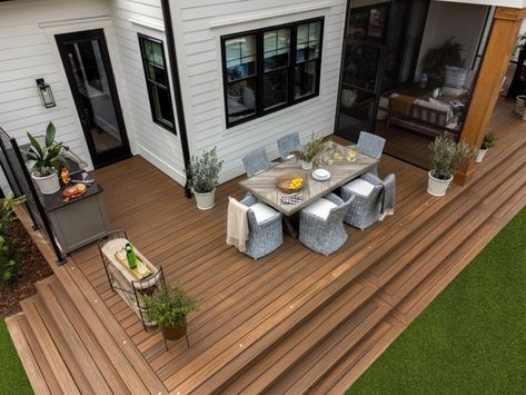 Cape Farmhouse, Deck Ideas For Small Backyards, Hgtv Smart Home 2022, Lake Backyard, Backyard Deck Ideas On A Budget, Deck Ideas On A Budget, Lake Porch, Ideas For Small Backyards, Backyard With Pool