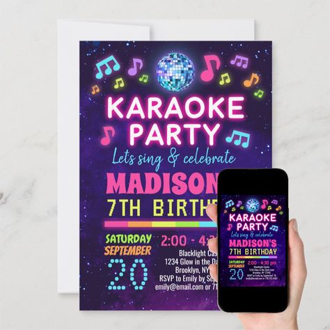 Karaoke Birthday Party, Karaoke Birthday, Music Theme Birthday, Disco Birthday Party, Birthday Inspiration, Karaoke Party, Lounge Party, 14th Birthday, Neon Glow