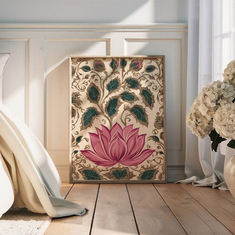 Transform your space into a serene sanctuary with this vintage lotus poster, a symbol of purity and grace. #IndianArt #FolkArt #PichwaiPainting #LotusPrint #TraditionalArt #VintageDecor #HomeDecor #LivingRoomDecor #WallArt #PrintableArt #IndianCulture #ArtLovers #BohoDecor #EtsyFinds #ArtCollector #DecorInspo #HandmadeArt #ArtOfInstagram #InstaArt #Artistic #LotusFlower #InteriorDesign #ArtPrint #Culture #BohemianStyle Indian Lotus Painting, Traditional Paintings Indian Folk Art, Pichwai Paintings Lotus, Hindu Illustration, Lotus Mural, Indian Lotus, Wall Art Indian, Painting Lotus, Pakistani Art