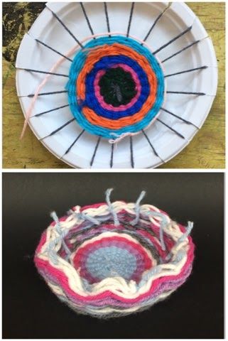 MeghCallie's Art Blog: Paper Plate Weaving-Make a Yarn Bowl! Plate Weaving, Basket Weaving Diy, Yarn Basket, Weaving Yarn, Paper Plate Crafts, Weaving Projects, Yarn Bowl, Middle School Art, Yarn Projects