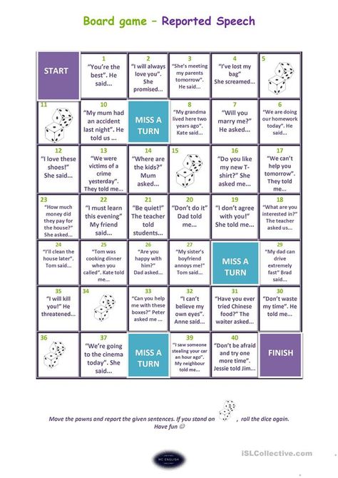 Reported Speech - board game - English ESL Worksheets for distance learning and physical classrooms Grammar Board Games, Teaching English For Adults, 3 Word Game, English Games For Adults, English Games Teaching, Present Perfect Worksheets, English Language Games, English Board Games, Adult Worksheets