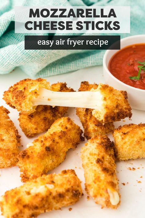 Easy air fryer mozzarella sticks are a cheesy, gooey appetizer or snack made with just six everyday ingredients. A homemade cheese stick that is breaded and air fried to crispy, crunchy perfection and filled with melty cheese. Perfect for dipping in marinara or ranch. | www.persnicketyplates.com Motzerella Sticks Recipe Homemade Airfryer, Air Fryer Cheese Sticks, Homemade Cheese Sticks, Air Fryer Mozzarella Sticks, Air Fryer Mozzarella, Air Fryer Cheese, Fried Cheese Sticks, Cheese Sticks Recipe, Persnickety Plates