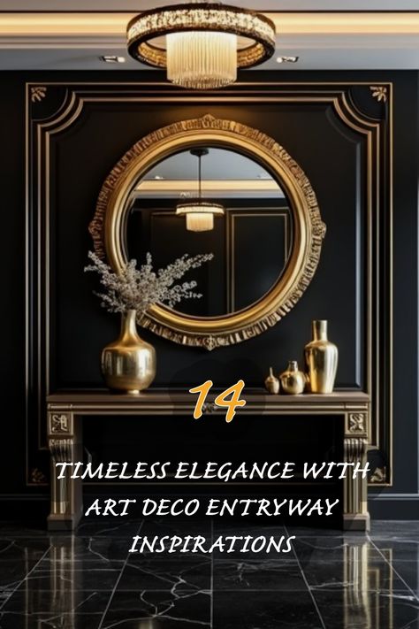 Discover the luxurious charm of Art Deco entryways! I adore the bold black and gold color scheme combined with stunning decor elements. This style exudes sophistication and creates an inviting atmosphere in any home. Let this beautiful design inspire your own space! Moody Foyer, Art Deco Entryway, Entryway Design Ideas, Minimalist Art Deco, Entryway Design, Minimalist Living Room Design, Victorian Bedroom, Entryway Inspiration, Mirrored Console Table