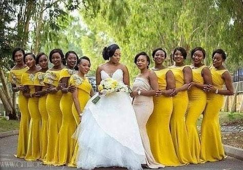 Let Your Girls Slay In Any Of These Stunning Bridesmaid Dresses – A Million Styles Classy Bridesmaid Dresses, African Bridesmaids, African Bridesmaid Dresses, Stunning Bridesmaid Dresses, Custom Bridesmaid Dress, Yellow Bridesmaid Dresses, Yellow Dresses, African Wedding Dress, Yellow Bridesmaids