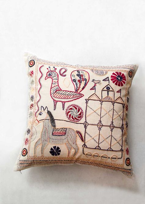 Entirely woven, printed, or embroidered by hand, our collection of decorative throw pillows shows a palette in natural materials such as silk, wool and cotton. Traditional Cushions, Hand Embroidered Pillows, Pillow Embroidery, Crochet Cushion Cover, Cross Stitch Pillow, Embroidered Pillow Covers, Little Animals, Traditional Pillows, Garden Pillows