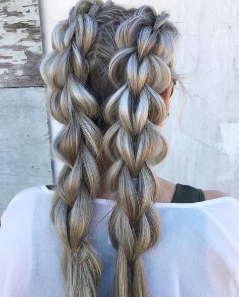 two-braids-ash-grey-hair-white-top-easy-braid-hairstyles Chain Link Braid, Ash Grey Hair, Tan Skin Blonde Hair, Pigtail Braids, Two Braids, Medium Long Hair, Cool Braids, Hoco Hair Ideas, Braided Hairstyles Easy