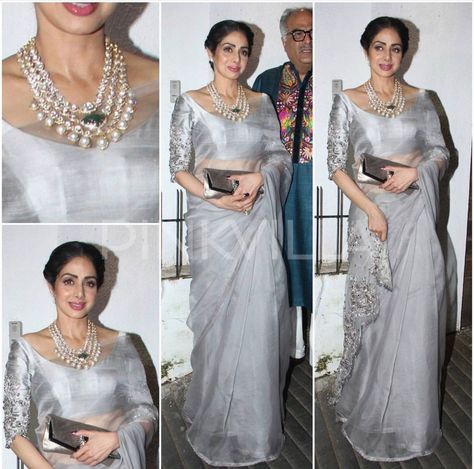 Sridevi In Saree, Sridevi Saree Look, Gray Saree Look, Grey Saree Party Wear, Sridevi Saree, Actress Sridevi, Diamond Jewellery Set, Sri Devi, Sari Design