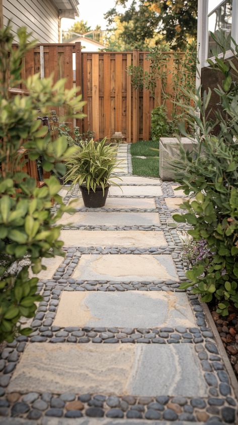 13 Walkway Ideas That Will Complement Your Home and Yard » Comfy Ideas Walking Path Around House, Backyard Walkway Landscaping, Front Door Walkway Ideas Entryway Paths, Front Pathway Landscaping, Fire Pit Landscaping Ideas, Side Walkway, Gravel Walkway, Stepping Stone Walkways, Grass Pavers