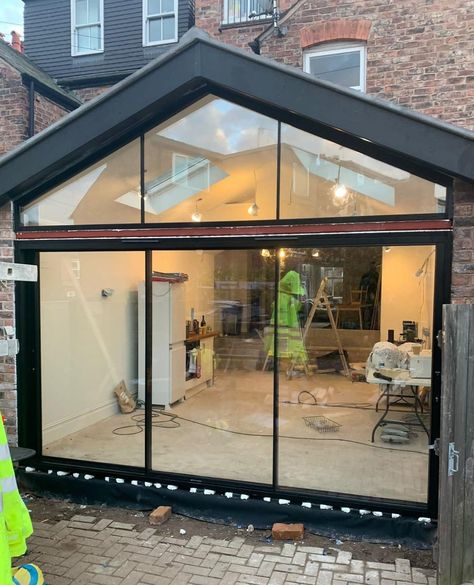 This home might not be quite finished but the sliding doors and glazed gables are looking so good!⁠ ⁠ A classic extension to a Victorian property, the apex roof lends itself to adding windows above the sliding doors. Not only do they allow so much more light in but they create a striking feature too.⁠ Sliding Doors Extension, Extension Doors, Apex Roof, Outdoor Patio Designs, Extension Designs, Rear Extension, Aluminium Design, House Extension Design, Green Gables