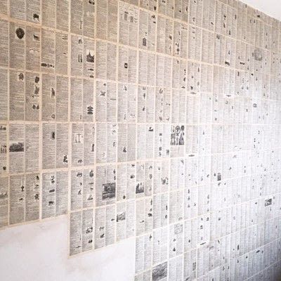 Decoupage A Wall With Vintage Book Pages · How To Make Wallpaper / A Wall Painting · Home + DIY on Cut Out + Keep Books As Wallpaper, Wallpaper With Book Pages, Wall Art Book Pages, Modge Podge Wallpaper, Writing On Walls Aesthetic, Decoupage Walls Ideas, Newspaper Wall Hanging Diy Paper, Bookpage Wallpaper, Book Pages As Wallpaper