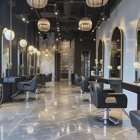 Luxury Salons, Modern Salon Design, Black And Gold Salon, Hair Salon Suite, Small Hair Salon, Posh Salon, Salon Concepts, Black Hair Salons, Dream Salon