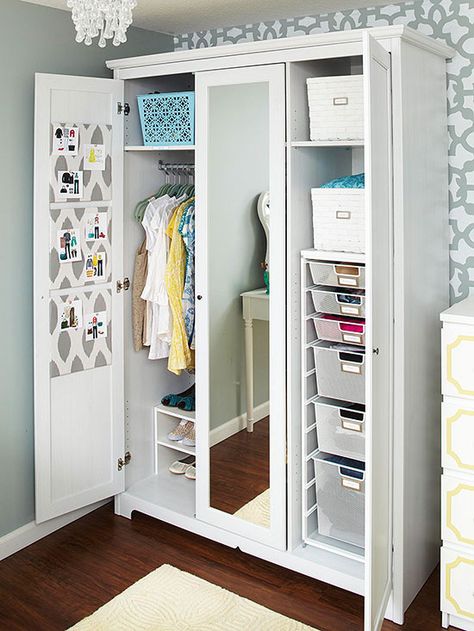 If you don’t have much closet space an armoire can be the perfect solution. More tops for an organized home: http://www.bhg.com/decorating/storage/organization-basics/organized-home/?socsrc=bhgpin122713armoire&page=16 Create Room, Shoes Closet, Organized Closet, Wardrobe Organisation, Storage Products, Small Closet, Wardrobe Armoire, Home Organization Hacks, Organization Storage