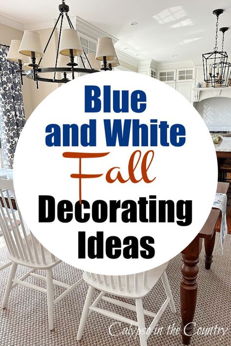 White kitchen with blue curtains, seagrass rug and table decorated with blue for fall. Blue Pumpkin Tablescape, Blue And White Kitchen Decor Ideas, Blue And White Decorating Ideas, Blue And White Fall Decor, White Decorating Ideas, Decorating With Blue And White, White Fall Decor, Decorating With Blue, Pumpkin Tablescape