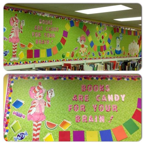 Library Candyland Candy Land Bulletin Board. Could do a life size candy land game. Candy Land Bulletin Board, Candyland Bulletin Board, Candyland Bulletin Board Ideas, Life Size Candy Land, Candy Bulletin Boards, Graduation Props, Game Decorations, Candy Theme Classroom, Candyland Decor