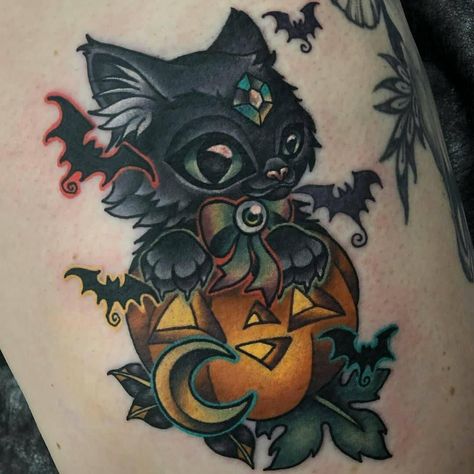 Cat Lover Tattoo, Wiccan Tattoos, Pumpkin Tattoo, Autumn Tattoo, Witch Tattoo, Scary Tattoos, Kawaii Tattoo, Cat Tattoo Designs, Spooky Tattoos