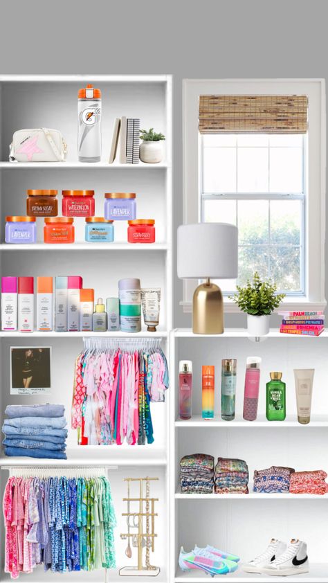 preppy shelf’s💗⚡️🛍️ Preppy Shelf Decor Bedroom, Shelf Decor Preppy, Preppy Things To Put On Shelves, Preppy Shelf, Preppy Skincare Storage, Preppy Decor Books, Shuffles Preppy, Preppy Room Decor, Preppy Room