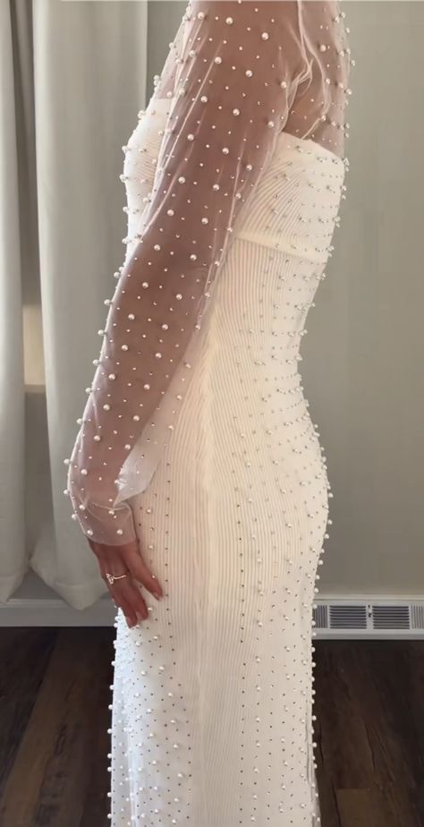 Pearl Slip Dress, Amazon Pearl Dress, Sheer Pearl Dress Outfit, Pearl Mesh Dress Maternity, Sheer Pearl Dress, Sheer Beaded Dress, White Dress Pearls, Pearl Overlay Dress, Pearl Bridal Shower Dress