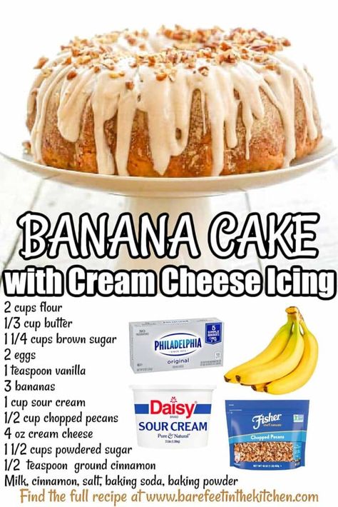 Easy Banana Bundt Cake Moist Banana Cake, Sour Cream Banana Bread, Cake With Cream Cheese Icing, Banana Bundt Cake, Banana Bundt, Cake With Cinnamon, Easy Bundt Cake, Peanut Butter Banana Bread, Banana Dessert Recipes