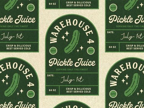 Retro Pickle Illustration, Pickle Branding Packaging Design, Retro Modern Packaging, Pickle Jar Label Design, Brunch Branding Design, Retro Product Packaging, Fun Label Design, Apothecary Graphic Design, Aesthetic Label Design