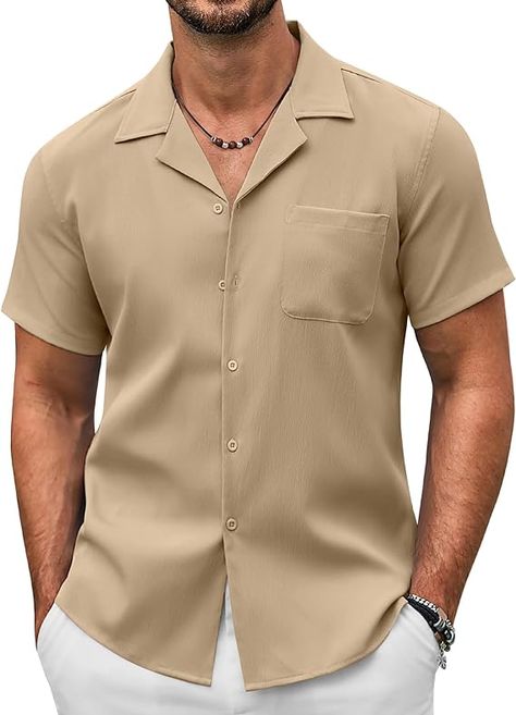 COOFANDY Men's Casual Button Down Shirts Short Sleeve Summer Beach Shirt Fashion Textured Shirts with Pocket Men Button Down Outfit, Mens Beach Fashion, Mens Button Up Shirts, Halloween Costumes For Men, Mens Beach Style, Cuban Shirts, Shirt Outfit Men, Collar Shirt Men, Tan Shirt