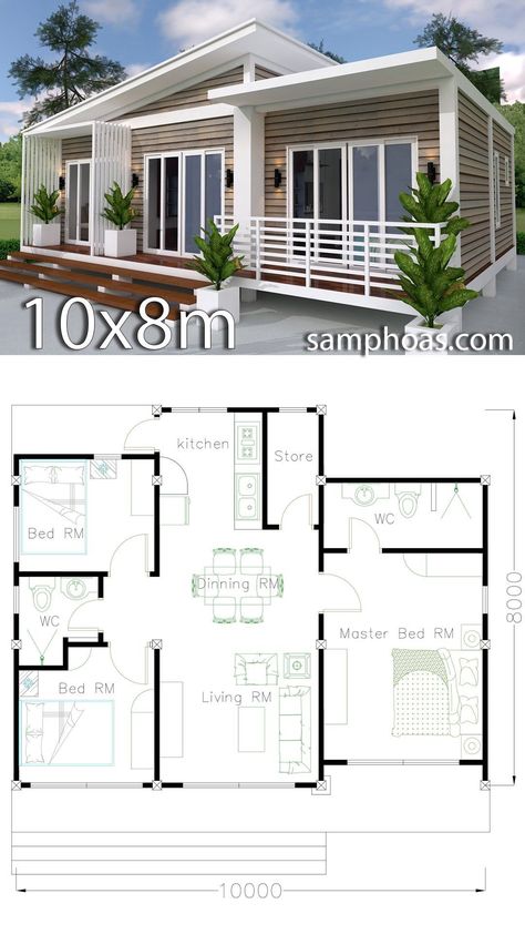 Home Design Plan 10x8m 3 Bedrooms With Interior Design 07 A Small House, Simple House Design, Small House Design Plans, Home Design Plan, Bungalow House, Bungalow House Design, Bedroom House Plans, Tiny House Plans, Best House Plans