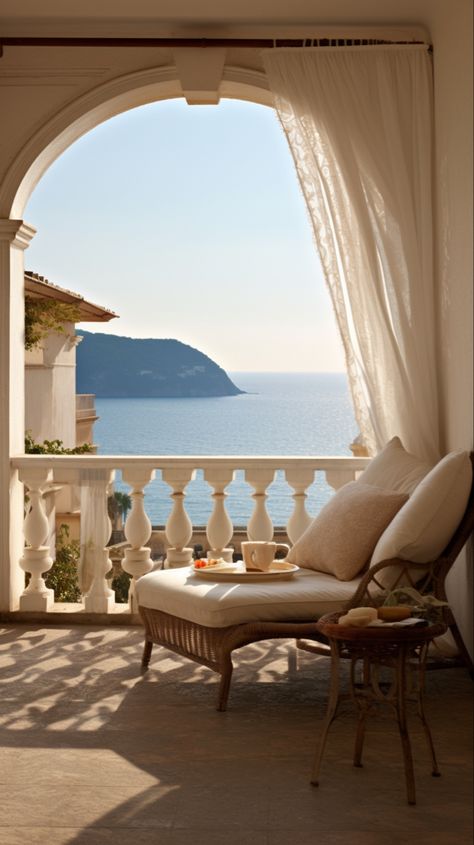 Balcony French Style, Sea Villa Beach Houses, House Near The Sea Aesthetic, Italian Villa By The Sea, Italian House Bedroom, Italian Villa Interior Bedrooms, Italian Coastal Home, Italian Villa Aesthetic Interior, Medditeranean Interior