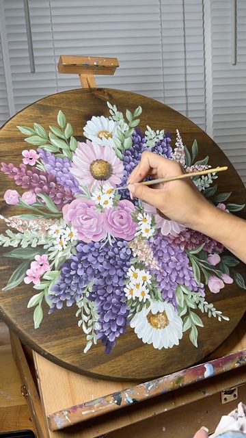 CAMILLA CREATIONS® on Instagram: "You can never go wrong with pinks + purples!! 💜💗 order: custom lazy susan . . . #camillacreations #floral #painting #floralpainting #botanicalillustration #botanicalpainting #woodtray #lazysusan #customgift #custompainting #flowers #shopsmall #artistsoninstagram #homedecor #handpainted #handmade #paintedflowers #floralbouquet #flowerbouquet #bouquetpainting" Sunflower Bouquet Painting, Painting Flowers On Wood, Camilla Creations, Custom Lazy Susan, Painted Lazy Susan, Tray Painting, Abc Wall Art, Rustic Wood Projects, Folk Flowers