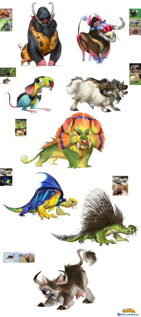 Hybrid Animals Concept Art, Cute Creatures Concept Art, Animal Hybrid Concept Art, The Croods Concept Art, Croods Concept Art, The Croods Animals, Dragon Character Sheet, Creature Concept Art Animals, Animal Hybrids Art