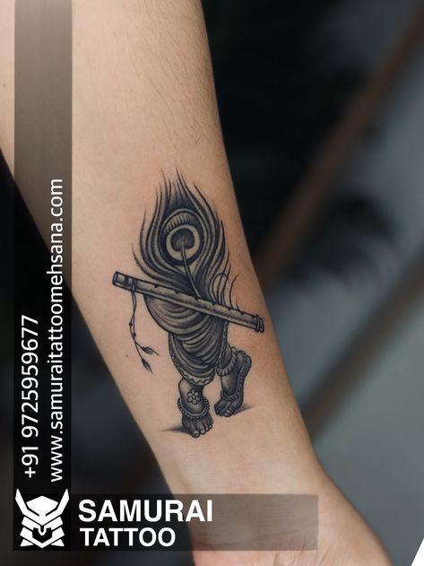 Krishan Ji Tattoo Design, Krishna Ji Tattoo, Krishna Flute Tattoo Design, Lord Krishna Tattoo Design, Morpankh Tattoo, Dwarkadhish Tattoo, Small Coverup Tattoo, Coverup Tattoo Designs, Krishna Tattoo Design