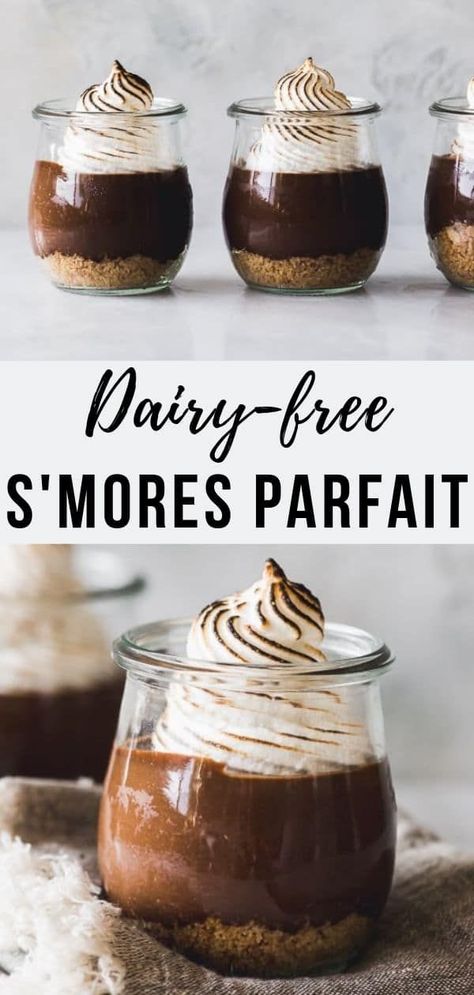 Dairy-free S'mores Parfaits - These decadent chocolate and marshmallow parfaits taste downright sinful, but are made with dairy-free chocolate pudding and healthier thanks to refined sugar swaps like coconut sugar and honey. The perfect chocolate dessert for special occasions that both kids and adults love .#dairyfree, #pudding #parfait Sugar Swaps, Smores Dessert, Pudding Parfait, Smores Cupcakes, Lectin Free, Dairy Free Dessert, Dairy Free Chocolate, S'mores, Chocolate Dessert