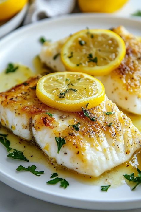 Bake Cod Recipes Oven, Lemon Butter Baked Cod, Baked Cod Recipes Oven Easy, Butter Baked Cod, Lemon Baked Cod, Cod Fillets, Cod Fish Recipes, Low Fat Protein, Fish Recipes Baked