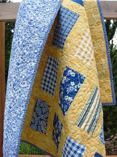 Yellow and blue quilt: Two Color Quilts, Blue Quilt, Yellow Quilts, Pretty Quilt, White Quilt, Blue Quilts, Scrappy Quilts, Easy Quilts, Yellow And Blue