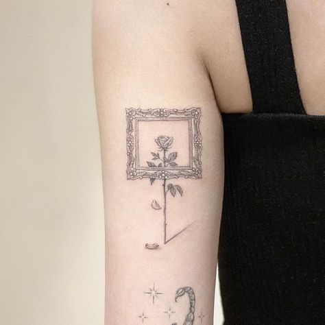 Triangle Art Geometric, Flowers In A Frame Tattoo, Tattoos In Frames, Old Frame Tattoo, Tattoo Picture Frame, Framed Art Tattoo, Picture Frame Tattoo Ideas, Square Frame Tattoo, Art Frame Tattoo