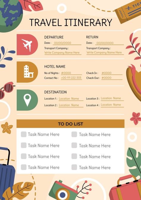 Colorful Hand-drawn Travel Itinerary Planner Travel Itinerary Design, Itinerary Design, Travel Itinerary Planner, Itinerary Planner, Planner Layout, Design Layout, Free Graphic Design, Travel Itinerary, Planner Template