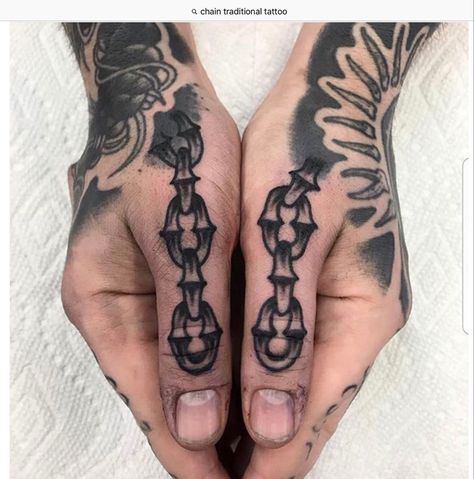 Trad Fingers Tattoo, Traditional Chain Link Tattoo, Chain Finger Tattoo, Punk Rock Tattoo Ideas, Chain Hand Tattoo, Spike Ball And Chain Tattoo, Traditional Chain Tattoo, Old School Hand Tattoo, Punk Rock Tattoos