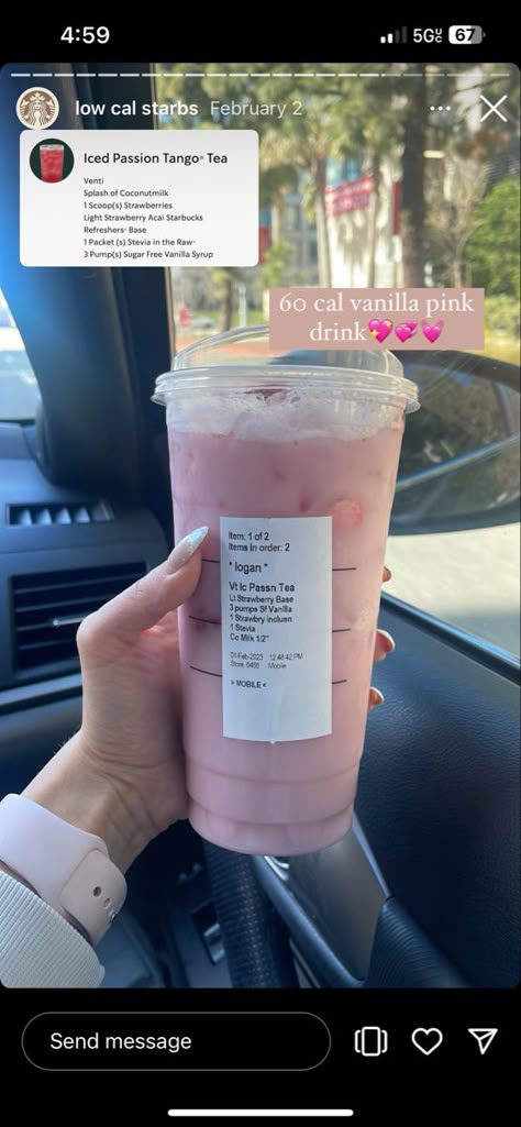 Low Cal Starbucks Drinks, Sugar Free Starbucks Drinks, Stevia Desserts, Low Cal Drinks, Low Calorie Starbucks Drinks, Pink Drink Starbucks, Low Sugar Drinks, Starbucks Tea, Cold Starbucks Drinks