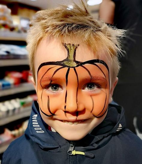 Halloween Pumpkin Face Paint, Halloween Pumpkin Makeup Ideas, Halloween Makeup Boys Easy, Pumpkin Face Paint For Kids, Easy Pumpkin Face Paint, Halloween Face Paint Kids, Face Painting Pumpkin, Cute Pumpkin Makeup, Boys Halloween Facepaint