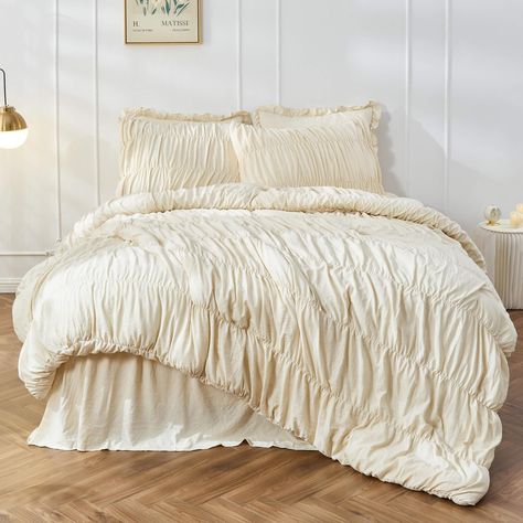 PRICES MAY VARY. Design - Merging innovative abstraction with vintage artistry, our ruched ruffle comforter set offers versatility, year-round use and comfort of an ultra-fine fiber. Fabric - Exquisitely light yet rich in texture, tailored texture’s soft finish accentuates the luxurious touch of our shabby chic bedding set. Masterfully crafted with a lofty fill. What you Get - King size comforter (108 x 90”) with 2 standard pillow shams (20 x 36”). Petal-softness, Enveloping feel & Comfortable t Shabby Chic Bedding Sets, Ruffle Comforter, King Size Comforter, Queen Size Bed Sets, King Size Comforter Sets, King Size Comforters, Chic Bedding, Bed Comforter Sets, White Comforter