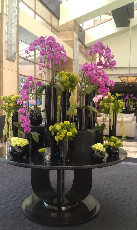 By Stacey-Ambius Large Orchid Arrangement, Hotel Lobby Flowers, Lobby Flowers, Crismas Tree, Hotel Flower Arrangements, Banquet Centerpieces, Jeff Leatham, Flower Shop Decor, Orchid Flower Arrangements