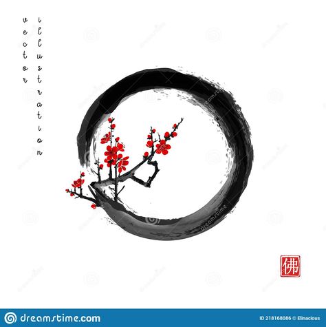 Blossoming branch of oriental sakura cherry in black enso zen circle. Traditional Japanese ink wash painting sumi-e. Illustration about bloom, branch, plant, petal, asia - 218168086 Fox Logo Design, Zen Circle, Sakura Tattoo, Nouveau Tattoo, Japanese Ink Painting, Japan Wall Art, Wash Painting, Ink Wash Painting, Japanese Watercolor