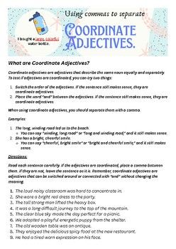 Using commas to separate coordinate adjectives Adjectives Anchor Chart, Coordinate Adjectives, Using Commas, Examples Of Adjectives, Teaching American Literature, Writing Sentences, Team Teaching, Elementary Teaching, Grammar Practice