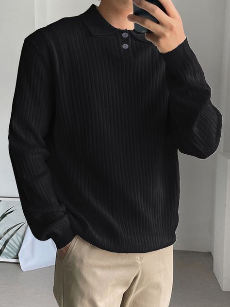 Black Casual Collar Long Sleeve Fabric Plain Pullovers Embellished Slight Stretch  Men Knitwear Polo Outfit Men, Black Sweater Outfit, Sweater Outfits Men, Polo Shirt Outfits, Knit Sweater Outfit, Shirt Outfit Men, Polo Outfit, Pullovers Outfit, Men Stylish Dress